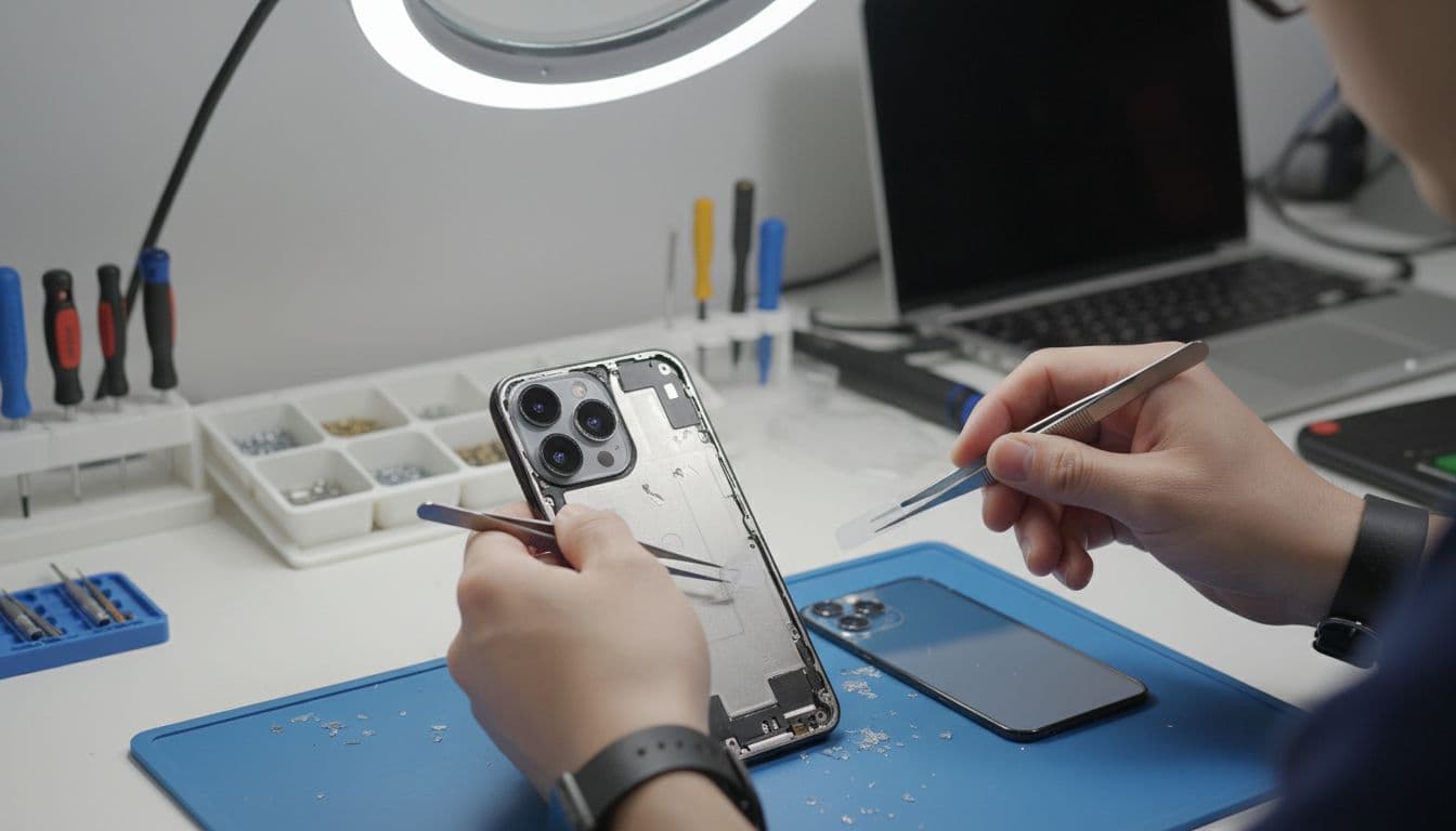 Close-up of a technician replacing cracked iPhone back glass in a repair workshop