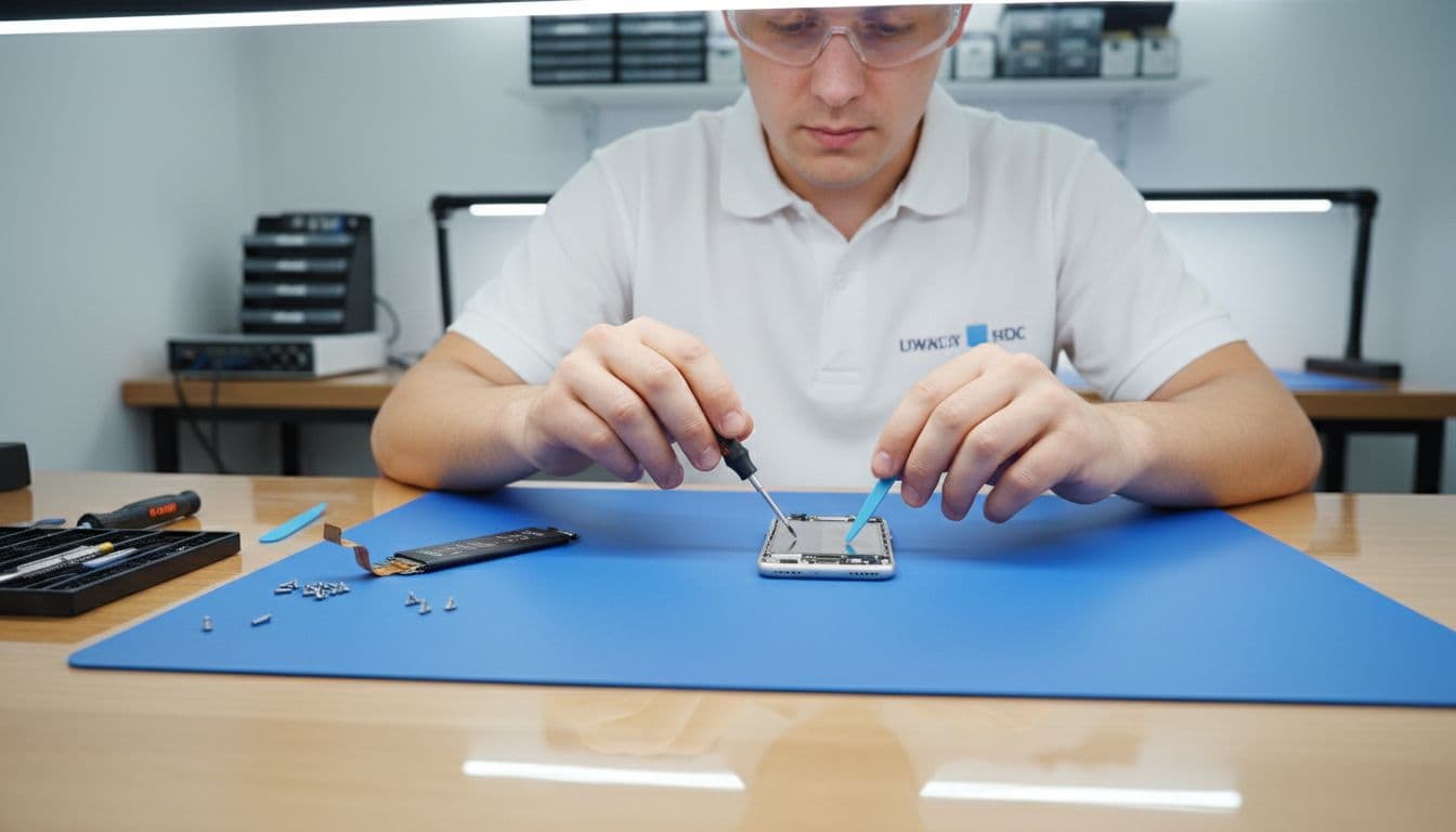 A technician in a clean UK repair workshop carefully opens an iPhone to access the battery using precision tools on an anti-static mat, with an organized workbench and spare parts nearby.