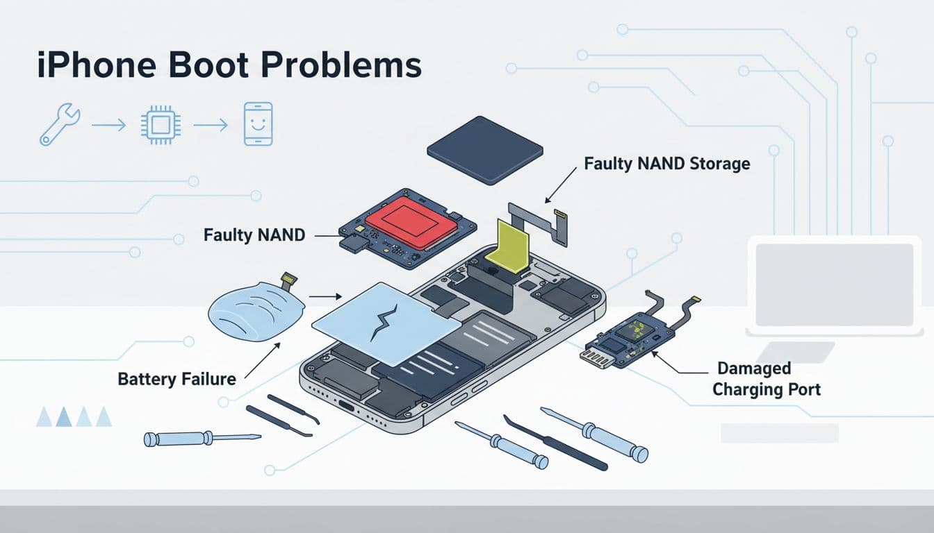 Clean, modern flat vector infographic showing exploded iPhone internals with highlighted issues like faulty NAND storage, swollen battery, and damaged charging port causing boot problems, set in a neutral workshop.