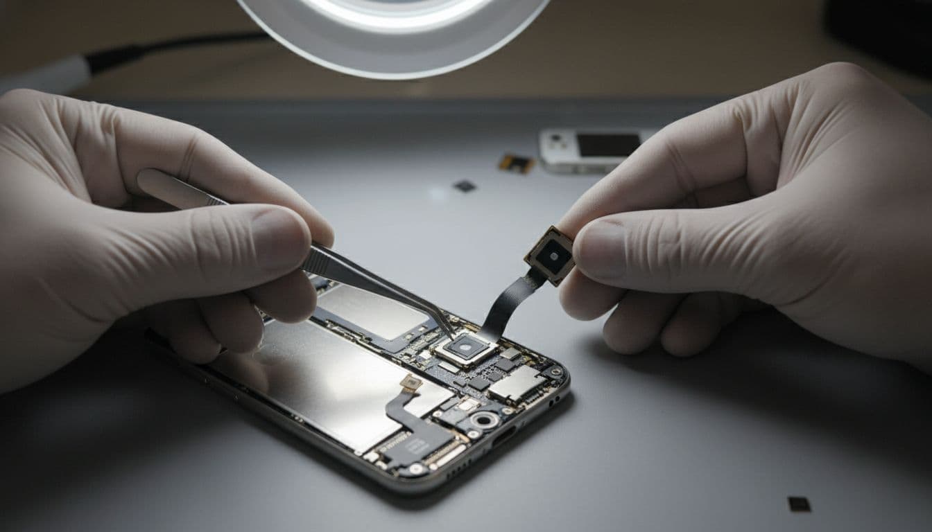 Technician's hands carefully replacing the iPhone camera module on an open iPhone in a repair workshop, with focus on precise tool work under soft overhead lighting.