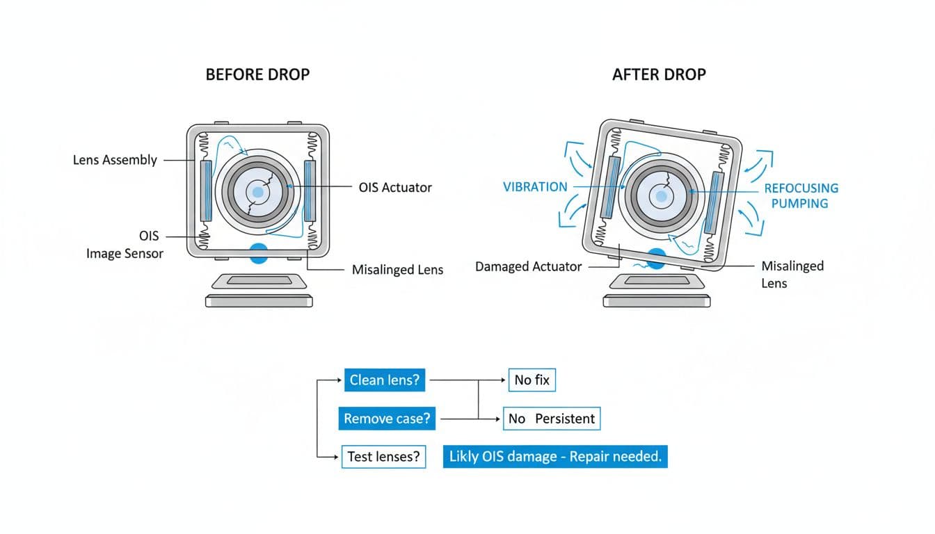 Cutaway technical illustration comparing intact iPhone camera OIS module (left) with damaged version after drop (right), including diagnostic flowchart for repair.