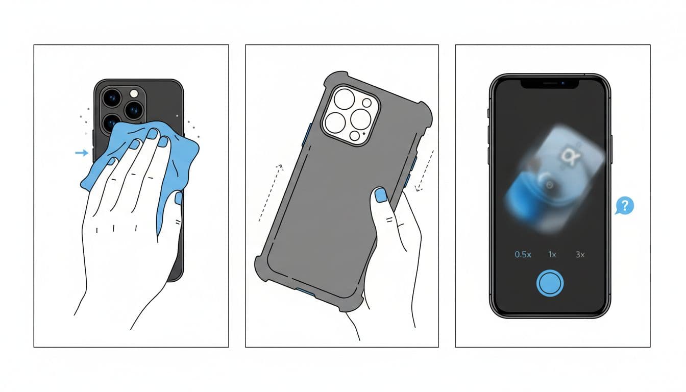 Three-panel minimalist technical illustration for iPhone repair guide: cleaning camera lens with microfiber cloth, removing bulky phone case, and displaying Camera app zoom levels (0.5x, 1x, 3x).