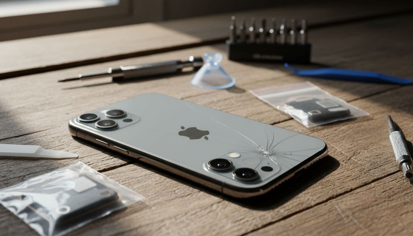 An iPhone lies on a workshop table with its rear camera area showing a black screen effect and a slight crack from drop impact. Surrounding tools like screwdrivers and replacement parts are visible under natural lighting in a realistic, high-detail photo.