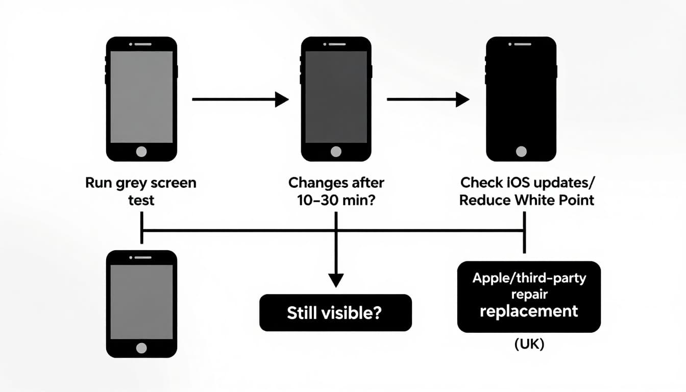 Clean educational decision flowchart in modern flat vector style showing steps to diagnose and fix grey screen on smartphone: run grey screen test, check changes after 10-30 minutes, iOS updates or reduce White Point, or display replacement, with UK Apple/third-party repair callout.