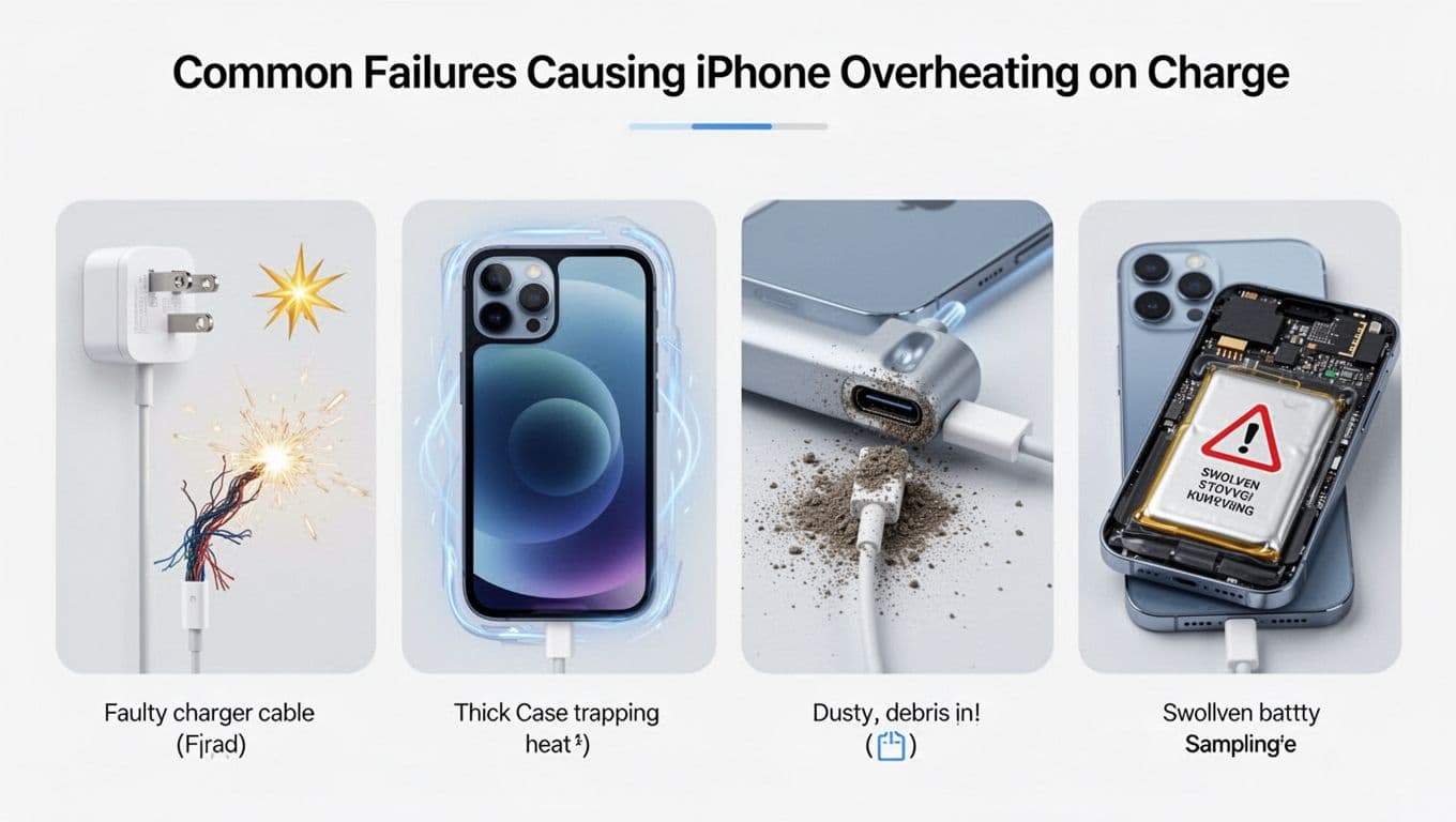 Clean illustrative infographic in Apple support style showing four common causes of iPhone 15/16 overheating while charging: faulty frayed cable, thick heat-trapping case, dusty USB-C port, and swollen battery. White background with light grey, blues, high-contrast icons, short captions, and precise title text.