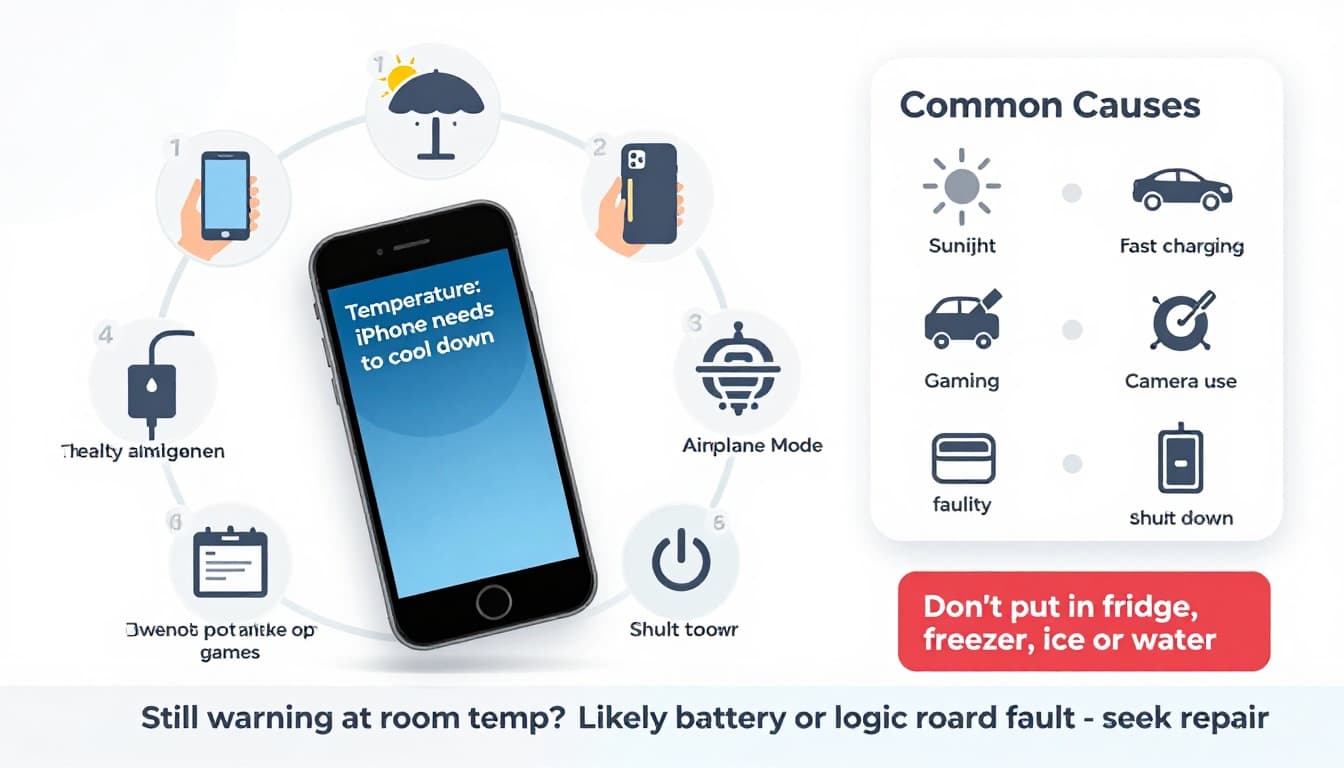 A clean, UK-focused tech-help infographic in flat vector style showing six steps to cool down an iPhone displaying the 'Temperature: iPhone needs to cool down' alert, plus common causes and key warnings.
