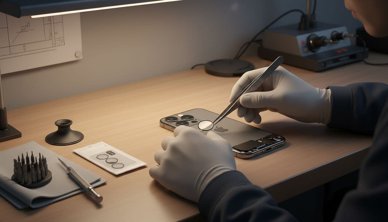 High-resolution illustrative image of a technician's hands carefully replacing the rear camera glass on an iPhone, with precision tools and new glass module nearby on a clean workshop bench under soft lighting.