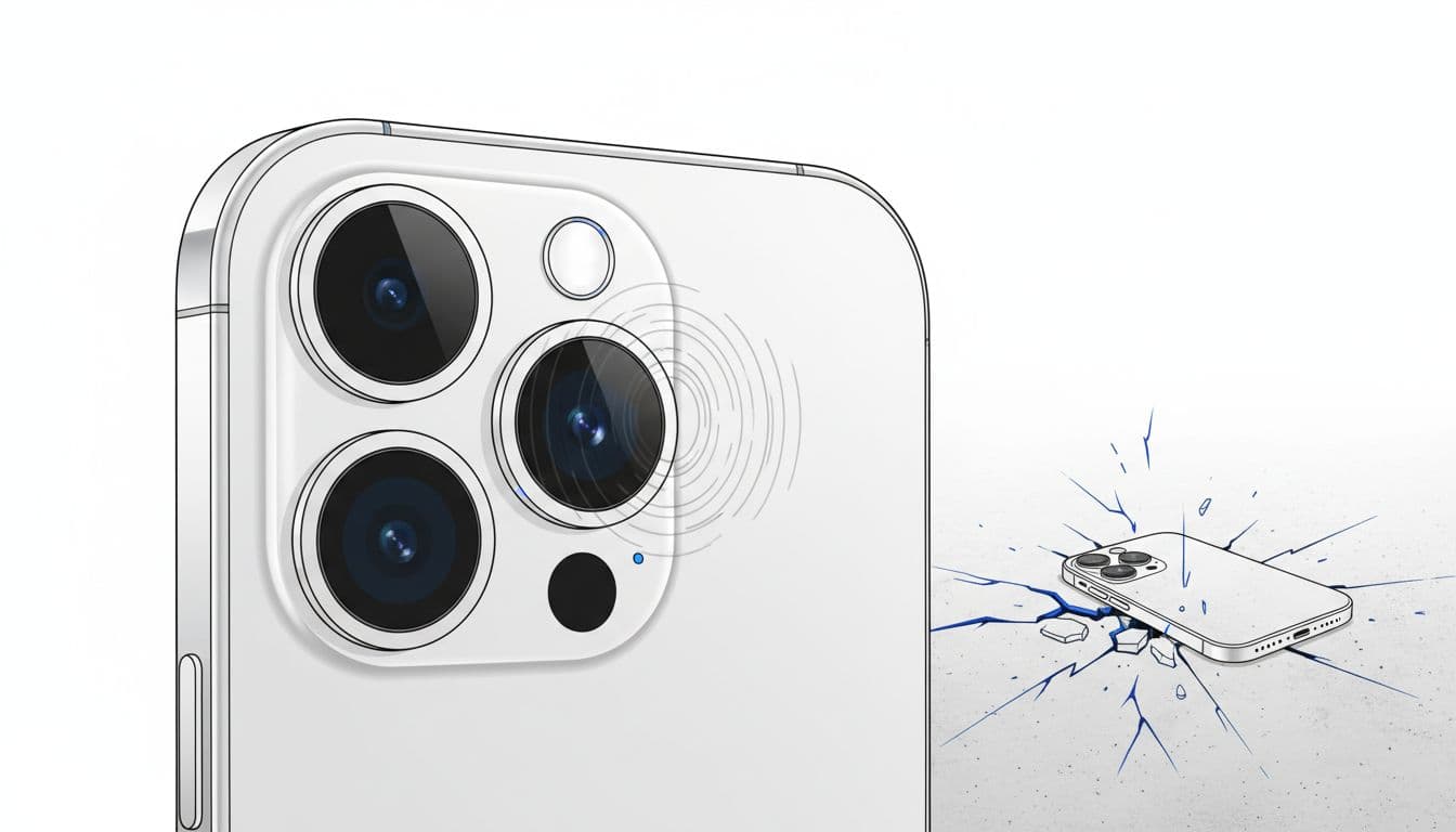 Clean, high-resolution technical illustration of a modern iPhone's triple rear camera lenses with refocusing motion blur, fading to a dropped phone with impact marks on a hard floor, minimalist style for smartphone repair guides.