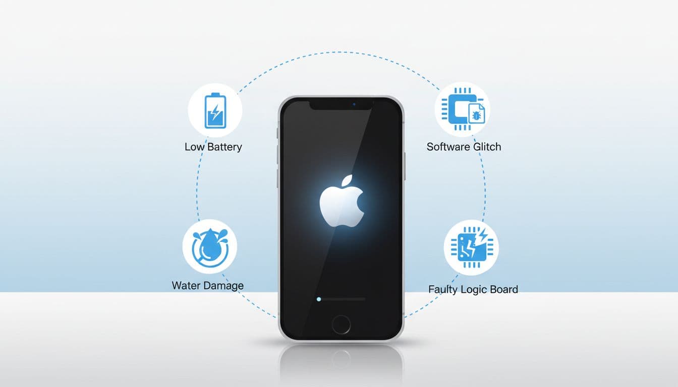 Clean, modern flat vector infographic of an iPhone screen frozen on the glowing Apple logo during boot-up, surrounded by icons for low battery, software glitch, faulty logic board, and water damage.