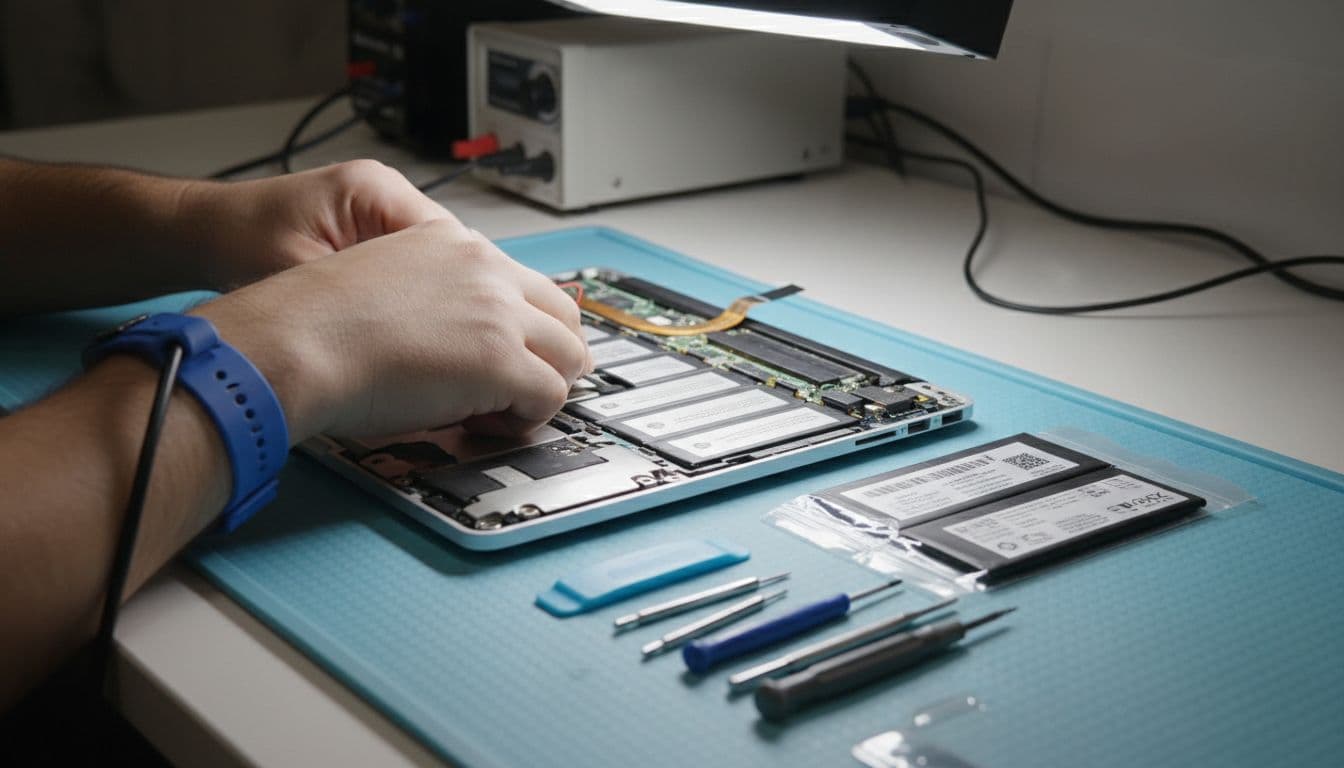 A technician carefully replaces the battery inside an open MacBook Pro, wearing an anti-static wrist strap, with tools like a screwdriver and new battery cell on an ESD mat in a workshop with focused lighting on internals.
