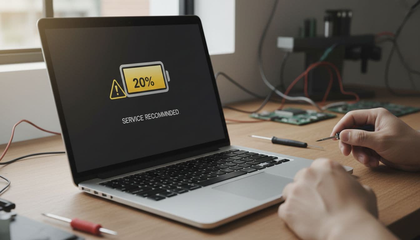 Close-up of a MacBook Pro laptop on a workshop bench, screen displaying low battery warning at 20% with yellow caution icon and service recommended message. Technician's hands with tools visible in the background in a clean repair shop with soft natural lighting.