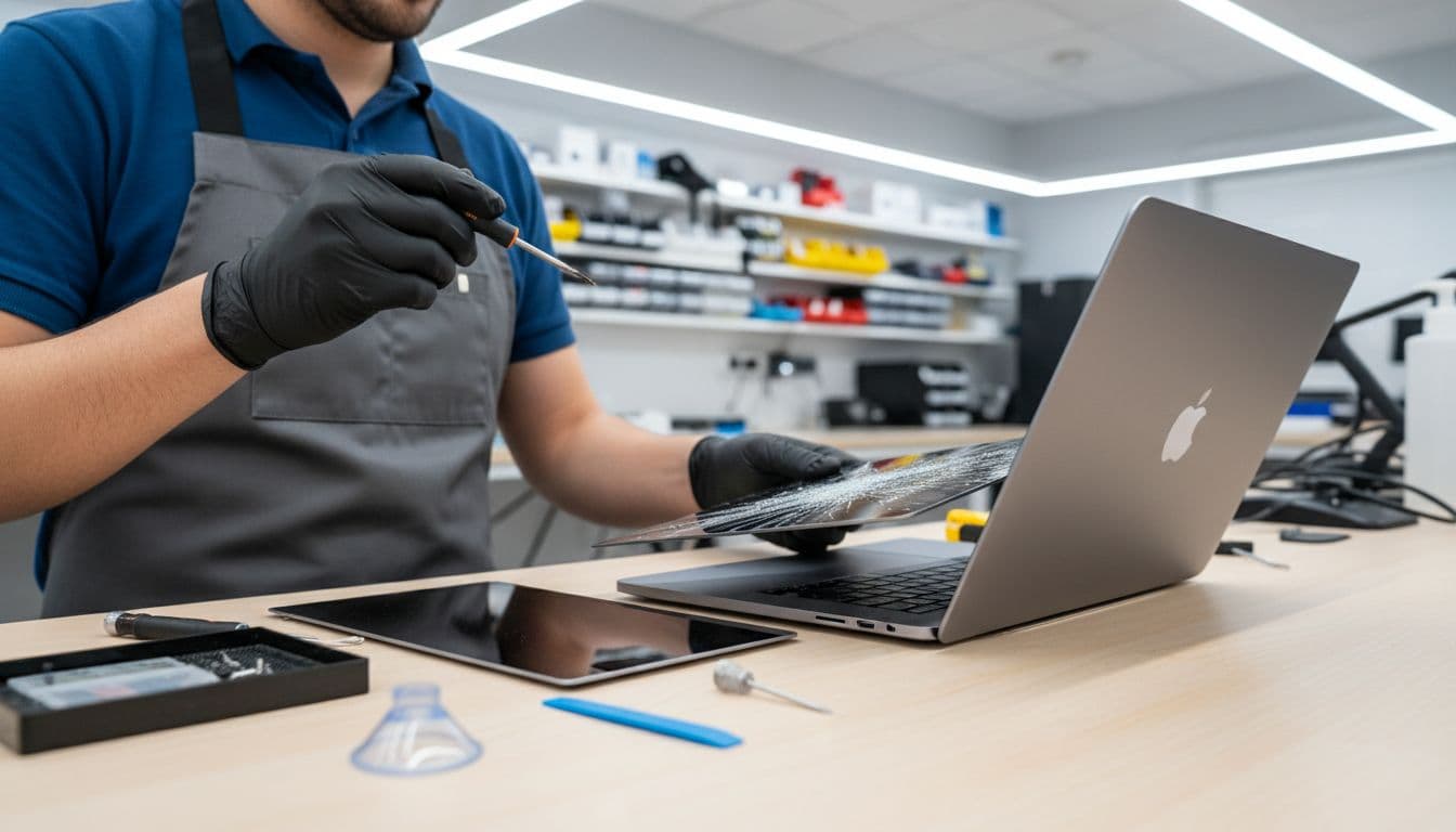 A technician in a bright, clean UK repair workshop carefully replaces the screen on a silver MacBook Pro laptop, focused solely on the task with tools like a screwdriver and new screen nearby on the workbench.