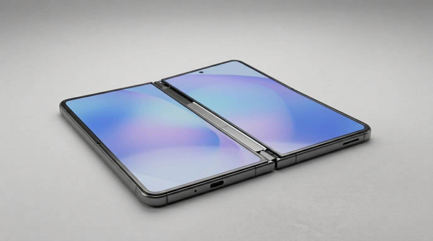 High-resolution realistic 3D render of a generic modern foldable smartphone partially open at 170 degrees, clearly showing a small persistent gap at the hinge when attempting to close flat, with highlighted hinge area on neutral light grey background.