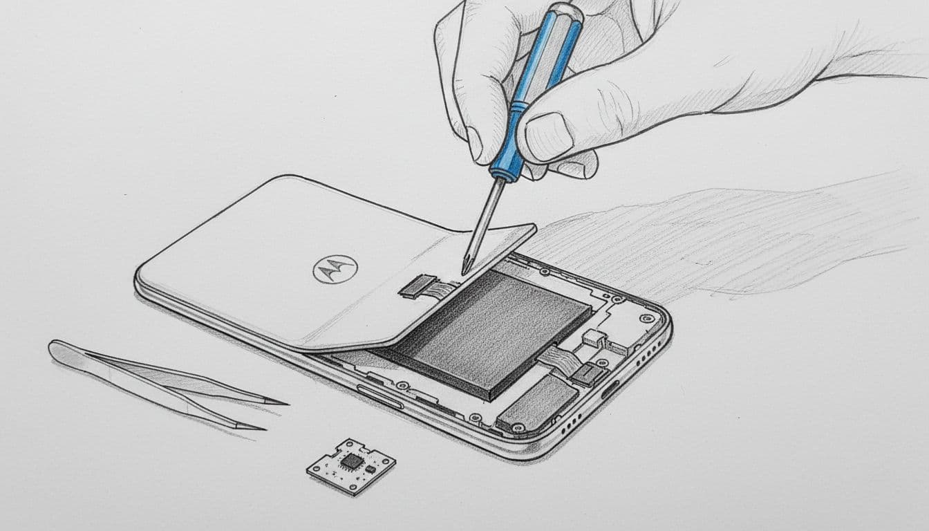 Best Refurbished Android Phones Under £300 In The UK 2026 2 Hand-drawn graphite sketch depicting a technician's hand using a screwdriver to gently lift the back panel of a refurbished Motorola Moto G84 Android phone, revealing the battery with spare parts on a workbench.