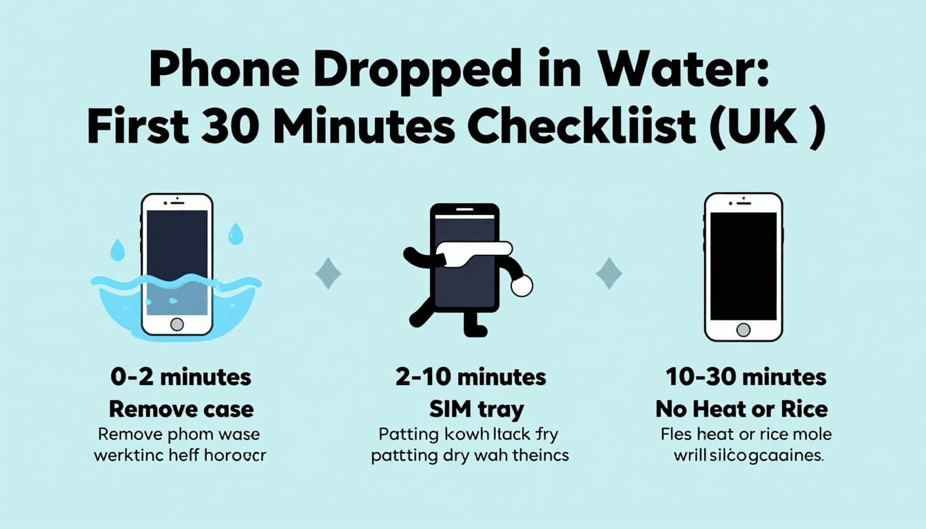 A clean, UK-focused infographic in flat vector design on light blue background, featuring a horizontal timeline divided into 0-2, 2-10, and 10-30 minutes sections with icons for drying a water-damaged phone. Includes warnings against heat or rice, silica gel option, calm instructional mood, landscape ratio for blogs.