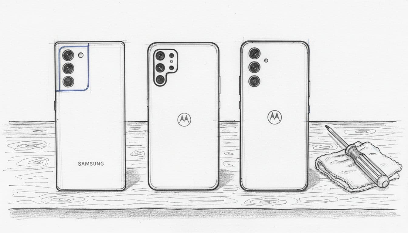 Best Refurbished Android Phones Under £300 In The UK 2026 1 Hand-drawn graphite sketch of refurbished Samsung Galaxy S23, Google Pixel 7a, and Motorola Moto G84 on a wooden workbench with tools, featuring light shading and subtle blue accents.