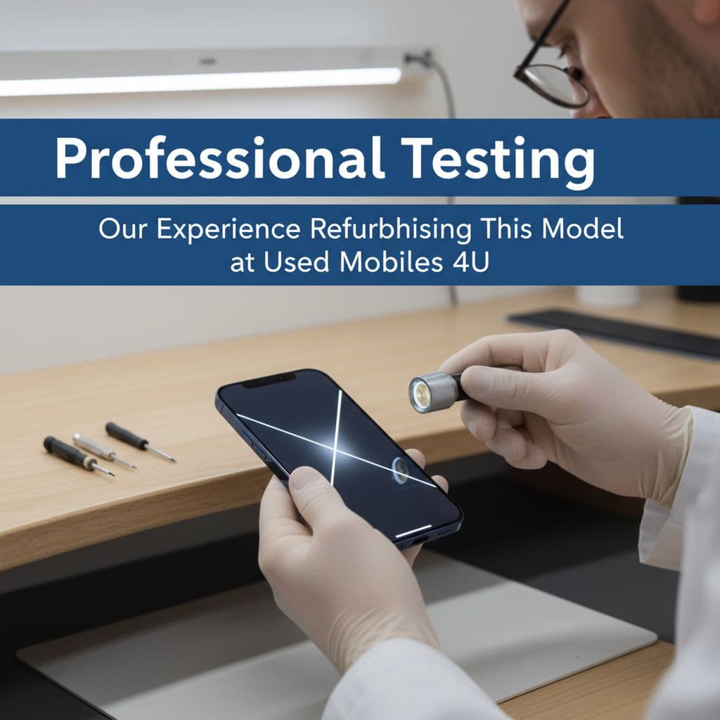 Refurbished iPhone 16 Buyer's Guide For The UK 2026 1 A technician inspects the sleek chassis and screen of an iPhone under bright workshop lighting. A clear blue header at the top identifies the professional testing process being performed here.