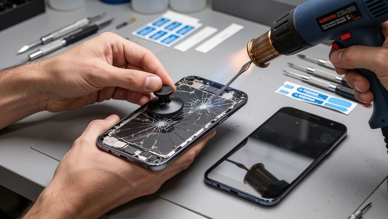 Skilled technician hands precisely lift cracked back glass from a modern Samsung Galaxy smartphone using a suction cup, plastic pick, and heat gun, with a perfect replacement panel ready on the workbench amid precision tools.