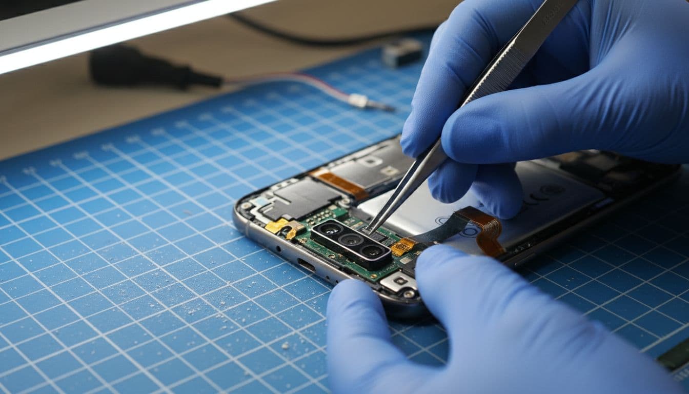 Gloved hands of a technician using precision tweezers to replace the camera module in a partially disassembled Samsung Galaxy smartphone on an anti-static mat in a bright repair workshop, with close-up focus on the camera lens area.