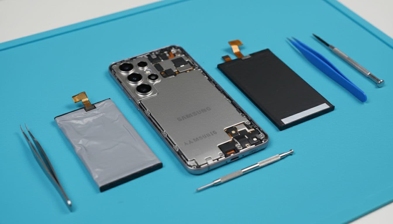 Partially disassembled Samsung Galaxy S24 smartphone on a blue antistatic repair mat in a professional workshop, with old worn battery removed and new replacement battery ready for installation, precision tools nearby.