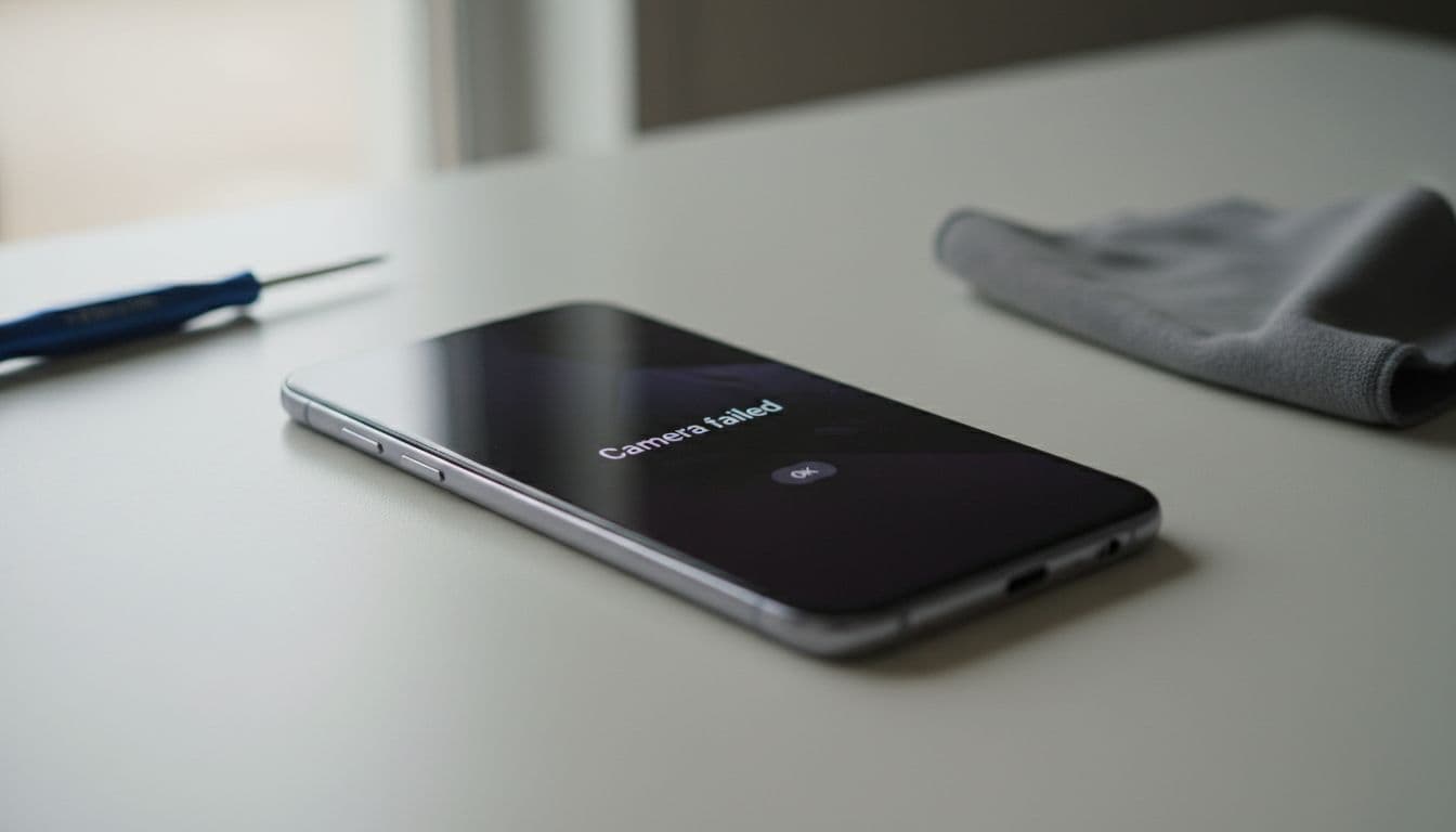 Samsung Galaxy S24 smartphone screen showing a clear 'Camera failed' warning popup, lying flat on a workshop bench with soft focus repair tools like screwdriver and cleaning cloth.