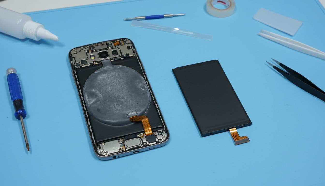 Close-up of a Samsung Galaxy phone with back panel removed on a workshop bench, revealing a swollen degraded battery bulging next to a slim new healthy battery, with tools nearby in a professional repair setting.