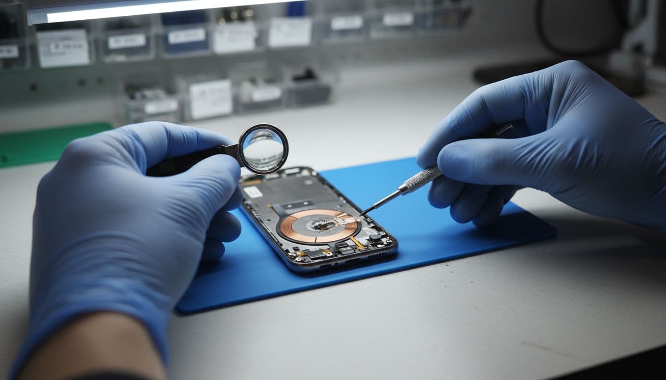 Clean professional phone repair workshop bench showing a partially disassembled Samsung Galaxy with exposed wireless charging coil inspected by technician hands using screwdriver and magnifier, focused on minor damage under bright lighting.