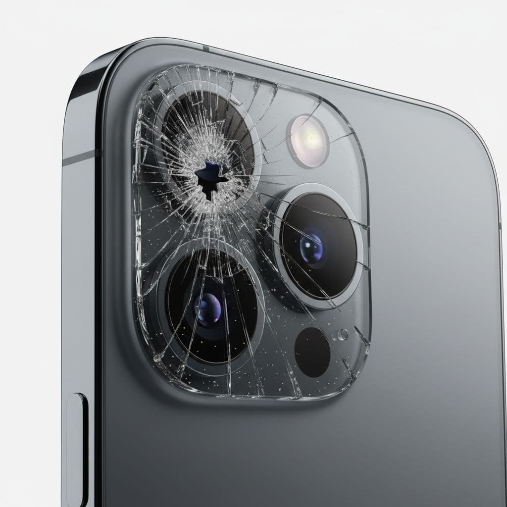 Close-up high-resolution image of a modern iPhone 14 Pro-like rear camera module with severely shattered protective glass, deep cracks and shards around the lenses indicating potential dust or moisture entry, lenses intact, on a neutral white background with dramatic lighting.