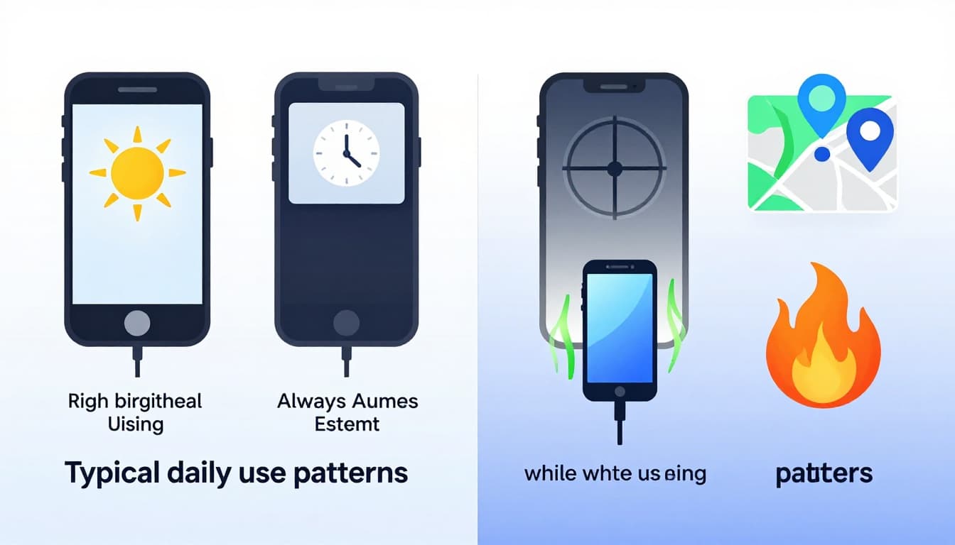 Clean split-panel educational infographic highlighting common smartphone battery drain factors like high brightness, gaming HUD, and navigation apps in typical UK daily use patterns.