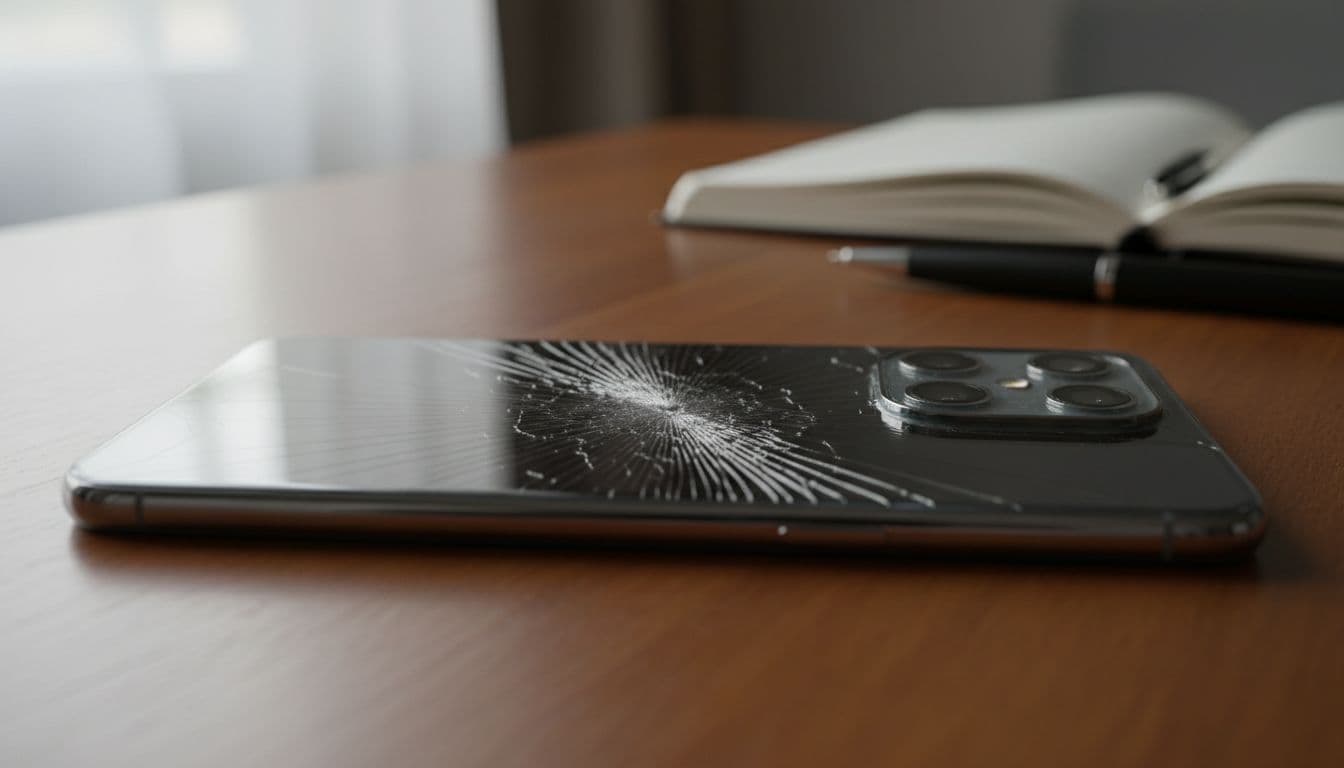 Modern smartphone with cracked back glass but intact cameras on a wooden table