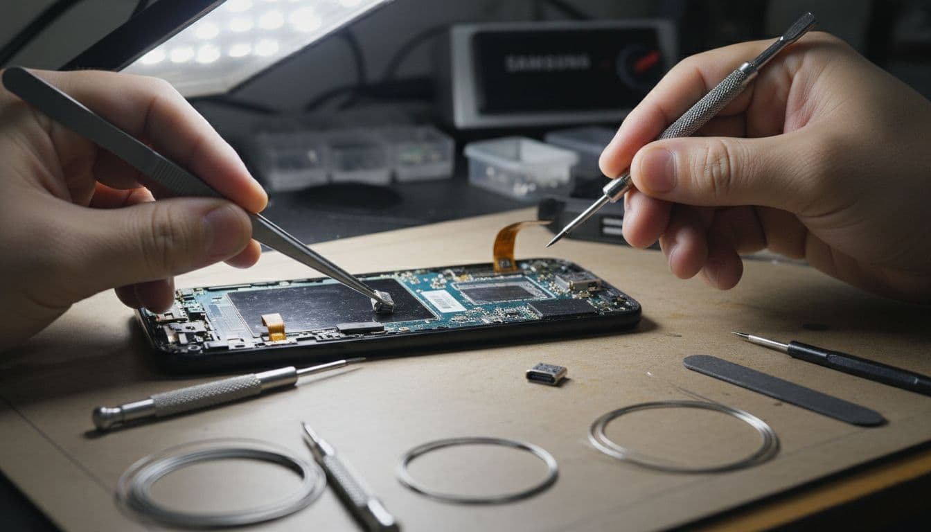 Close-up of a technician's hands carefully fixing a loose USB-C charging port on a disassembled Samsung Galaxy smartphone in a workshop with tools like screwdrivers and tweezers nearby.