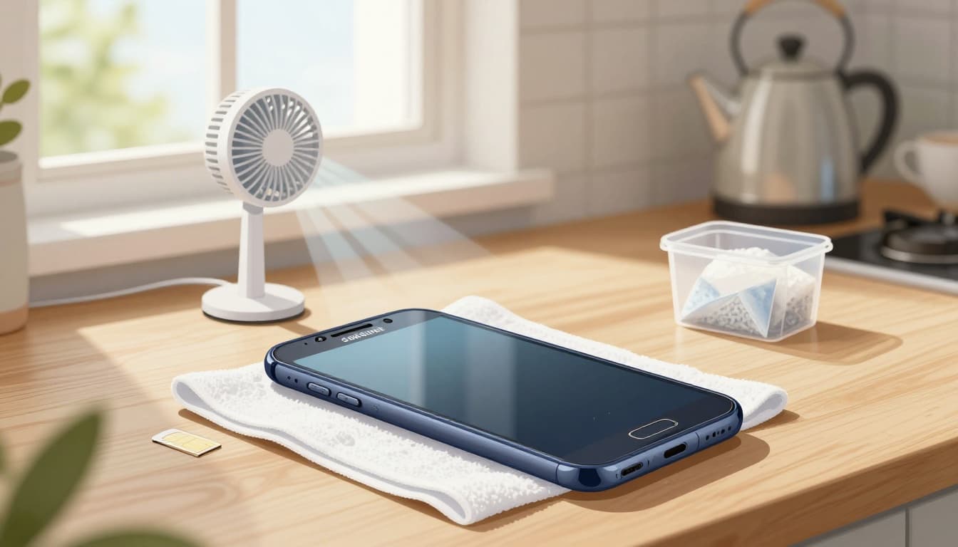 Realistic illustrative image of a water-damaged Samsung phone drying screen-down on a towel in a British kitchen, with silica gel packets, gentle fan, natural daylight, and subtle water spots. Calm mood with blurred kettle and tea mug in background, blending flat vector infographic style with photo-realism.