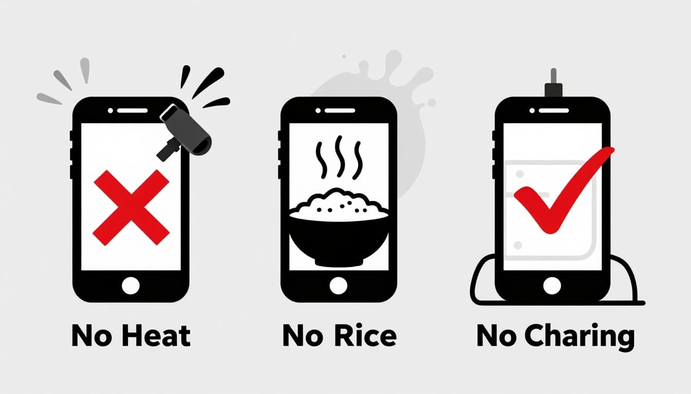 Infographic highlighting common errors like using a hairdryer, rice, charging, or shaking a water-damaged phone, with a correct towel drying method.