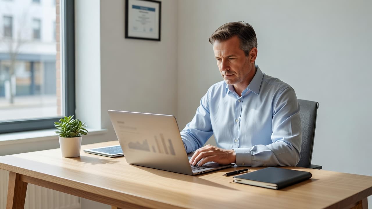 An entrepreneur reviewing digital calculations on a laptop at a clean office desk.