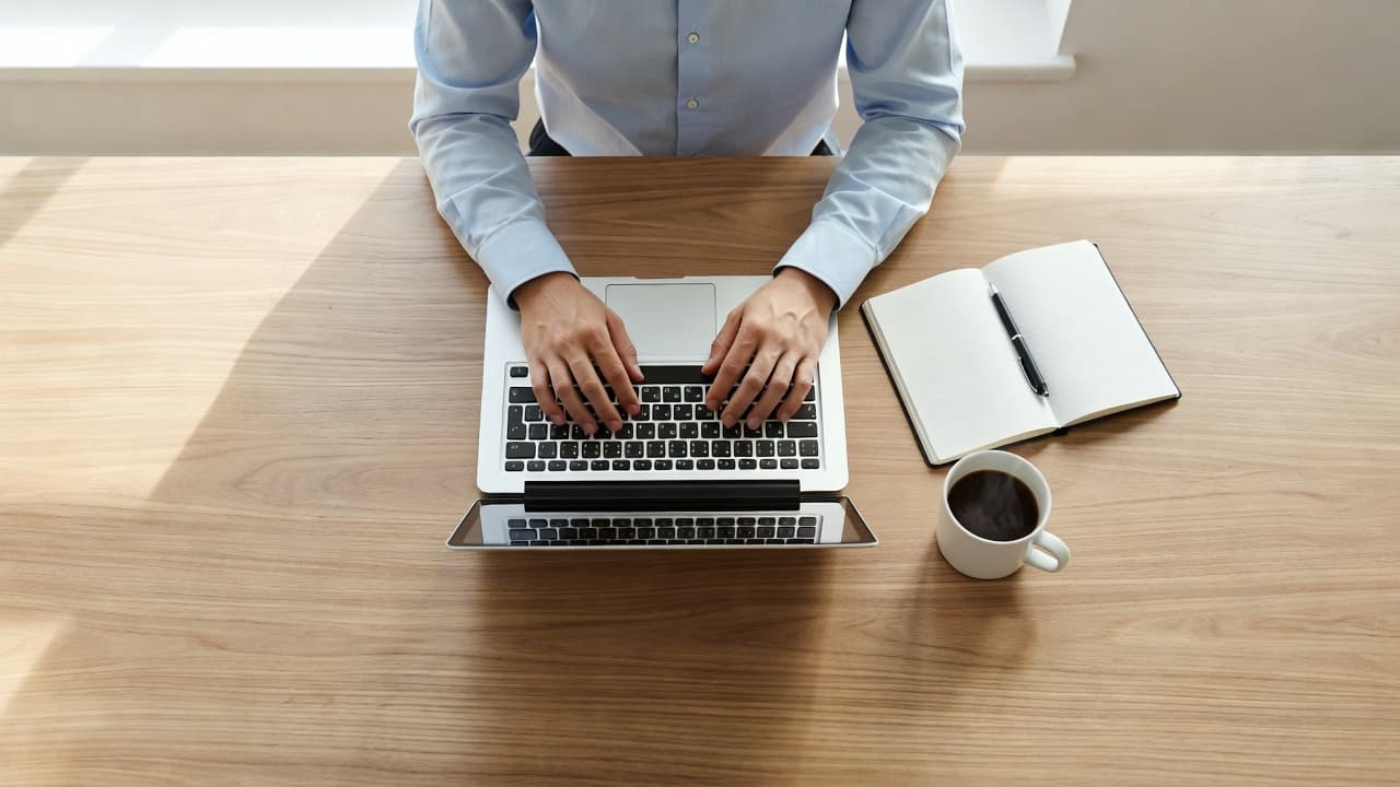 An overhead view of a desk featuring a laptop, notebook, and coffee cup for small business accounting.