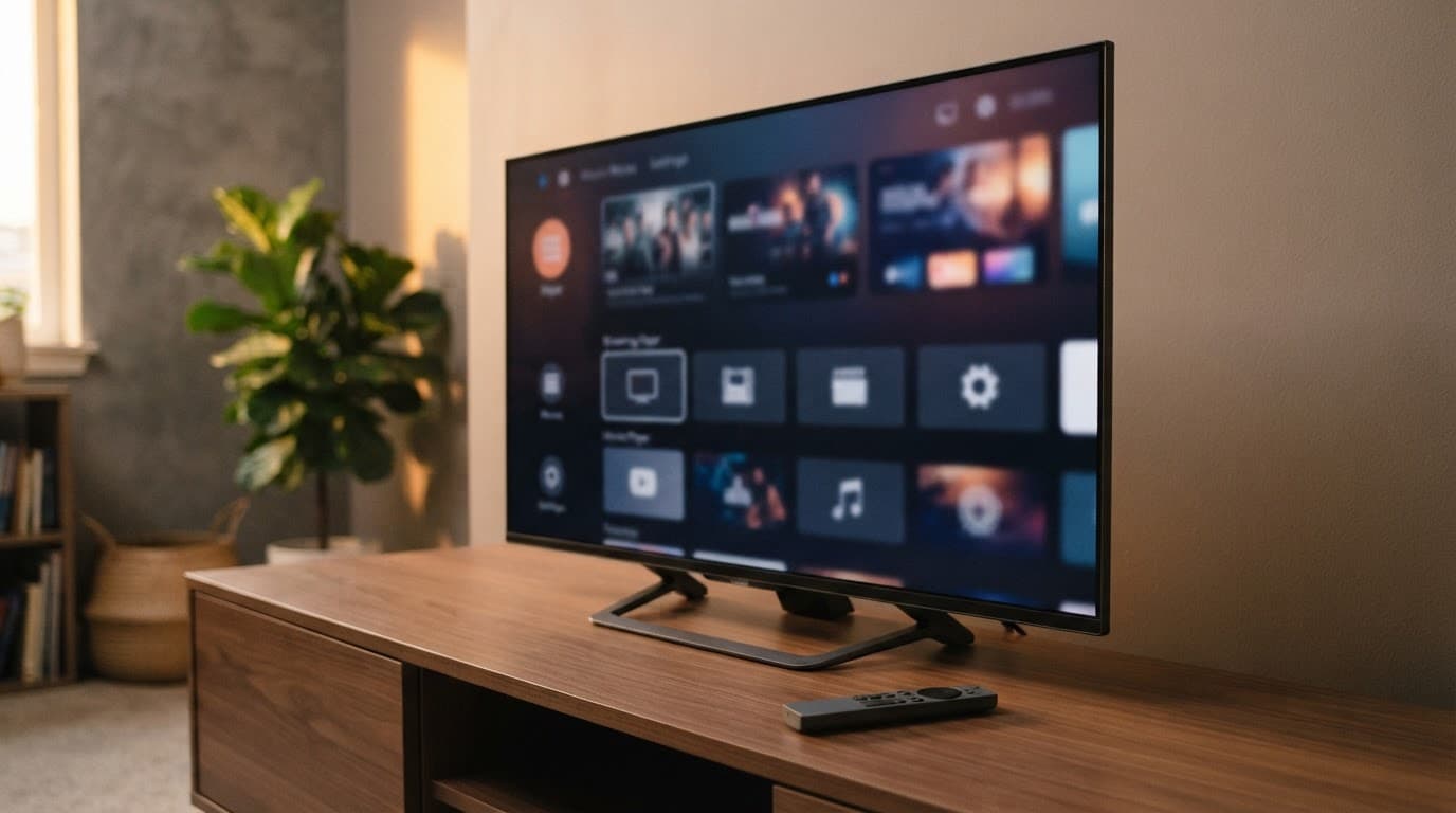 A television shows an abstract streaming interface above a console with a remote nearby.