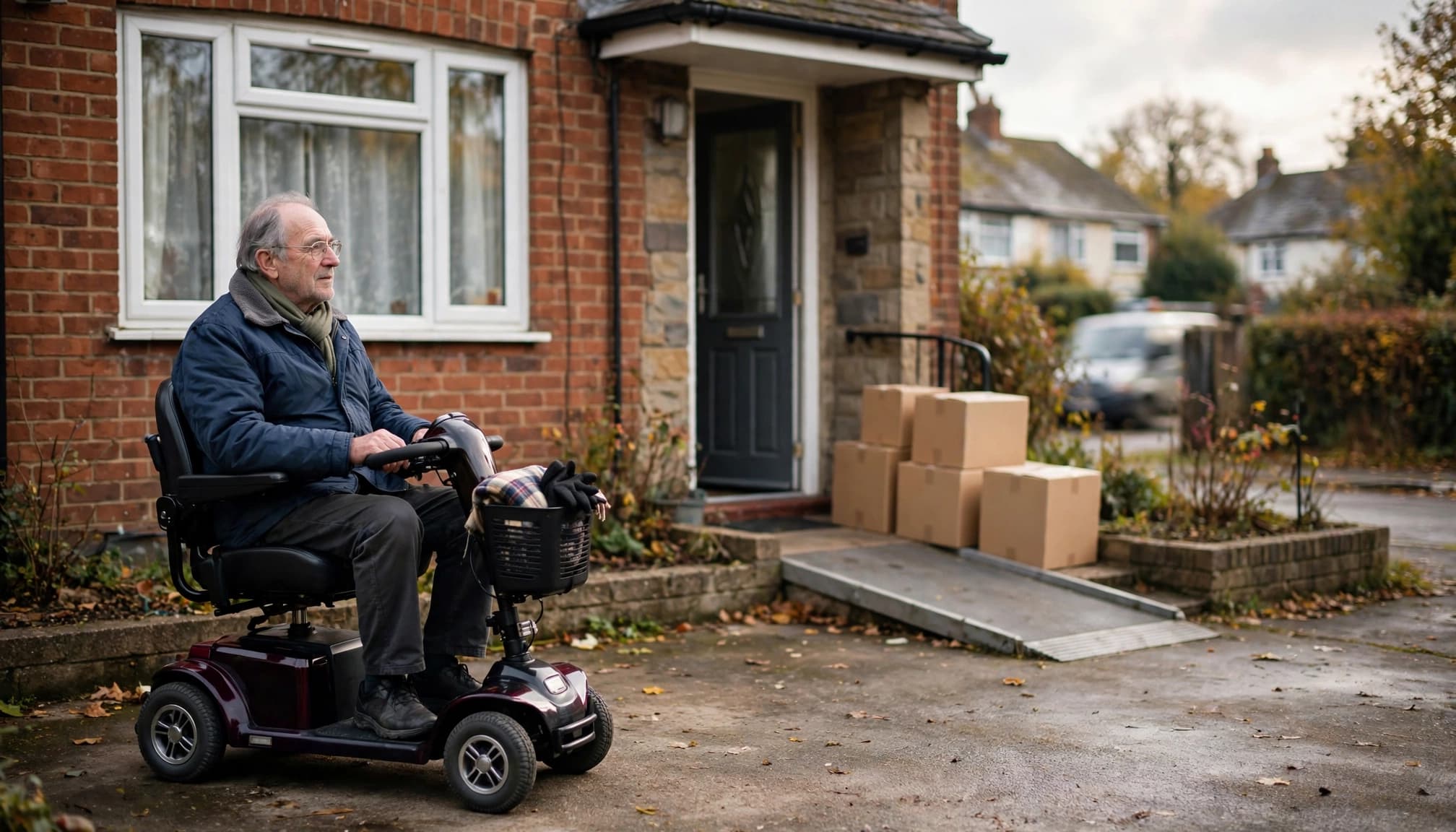 An older adult on a mobility scooter pauses beside moving boxes outside a home.