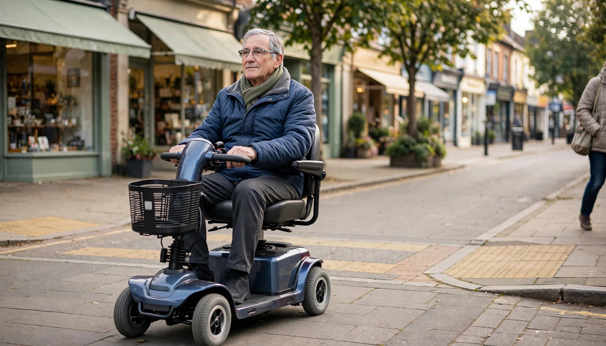 An older adult uses a mobility scooter on a sunny town-centre pavement.