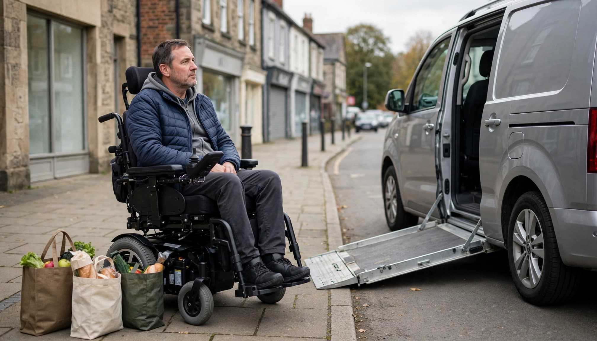 Man in a powered wheelchair beside an accessible vehicle with its ramp lowered.