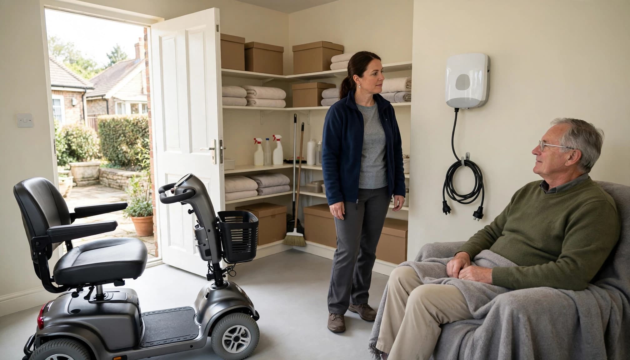 A carer checks a wall charger beside a parked scooter and its seated user.