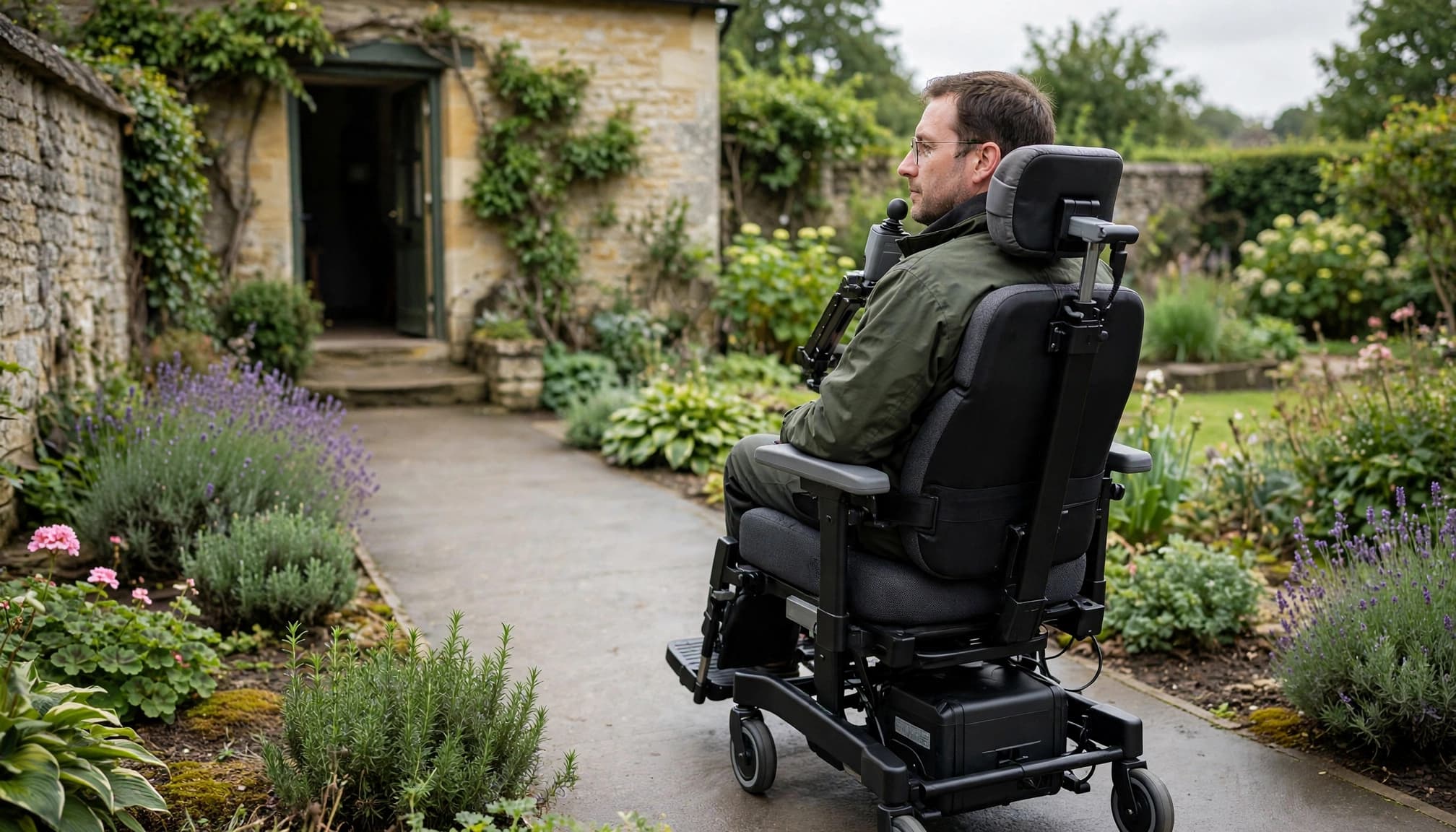 A powerchair user travels along a garden path using a chin-operated joystick.