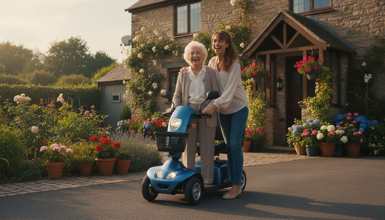 Elderly woman with her daughter standing beside a new mobility scooter