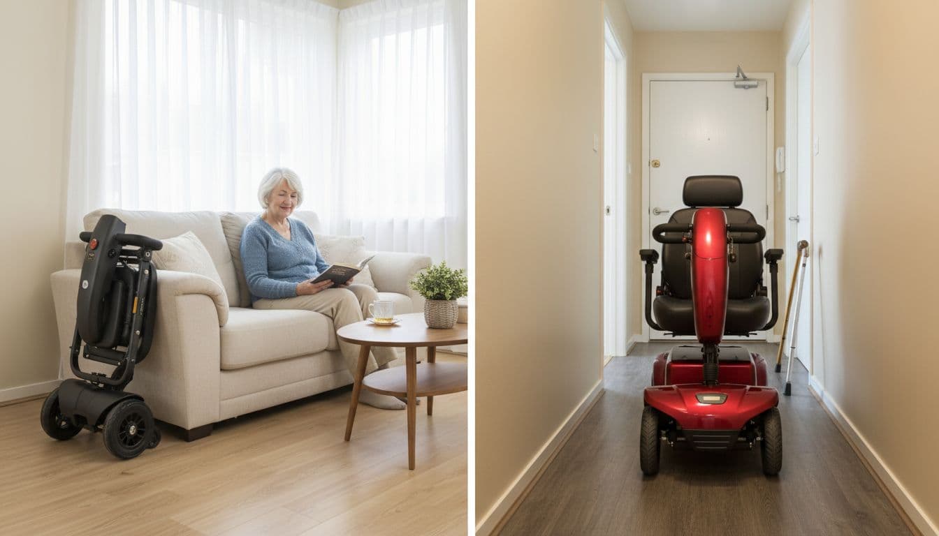 Folding scooter stored in a corner of a compact living room while a larger fixed scooter blocks a narrow hallway