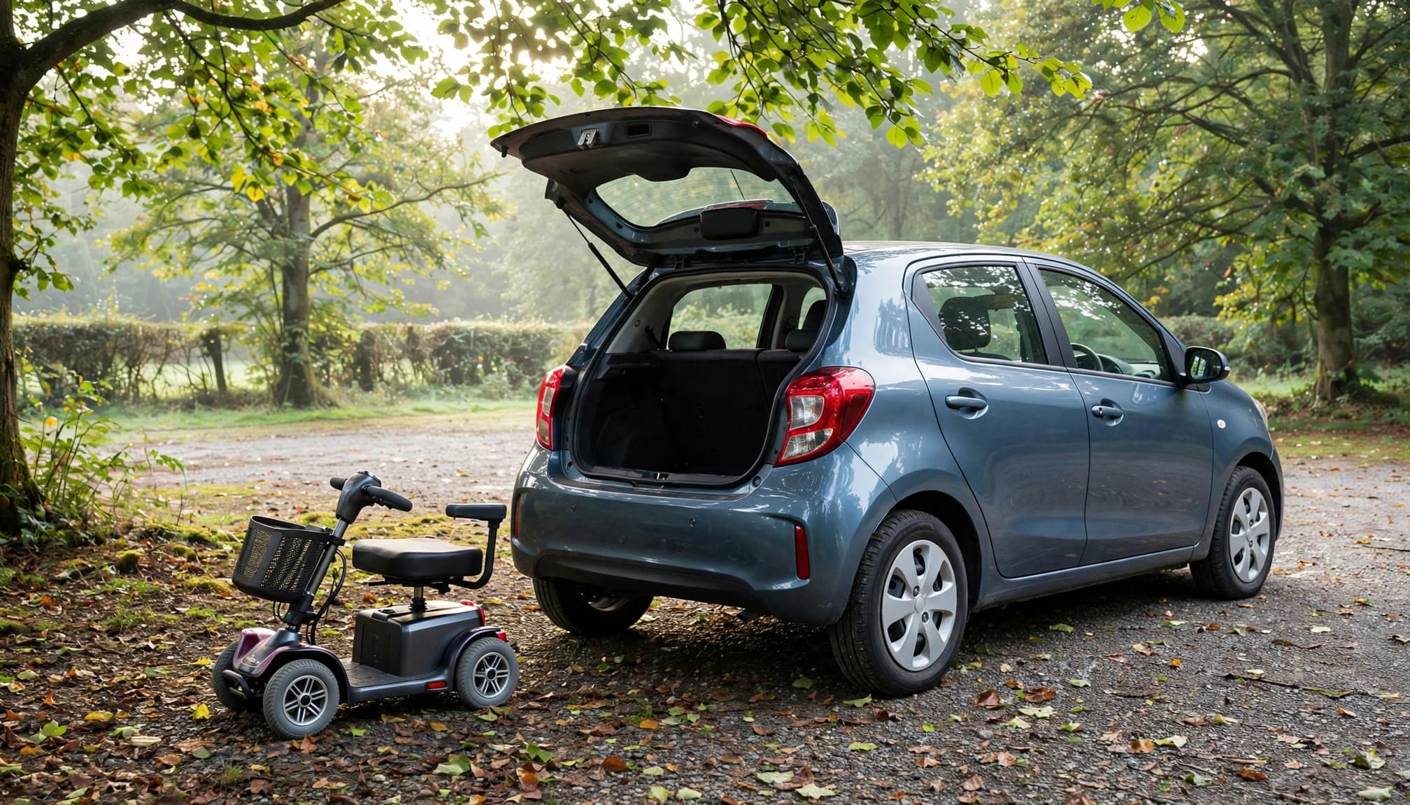 A folded mobility scooter beside an open hatchback boot in a leafy car park.