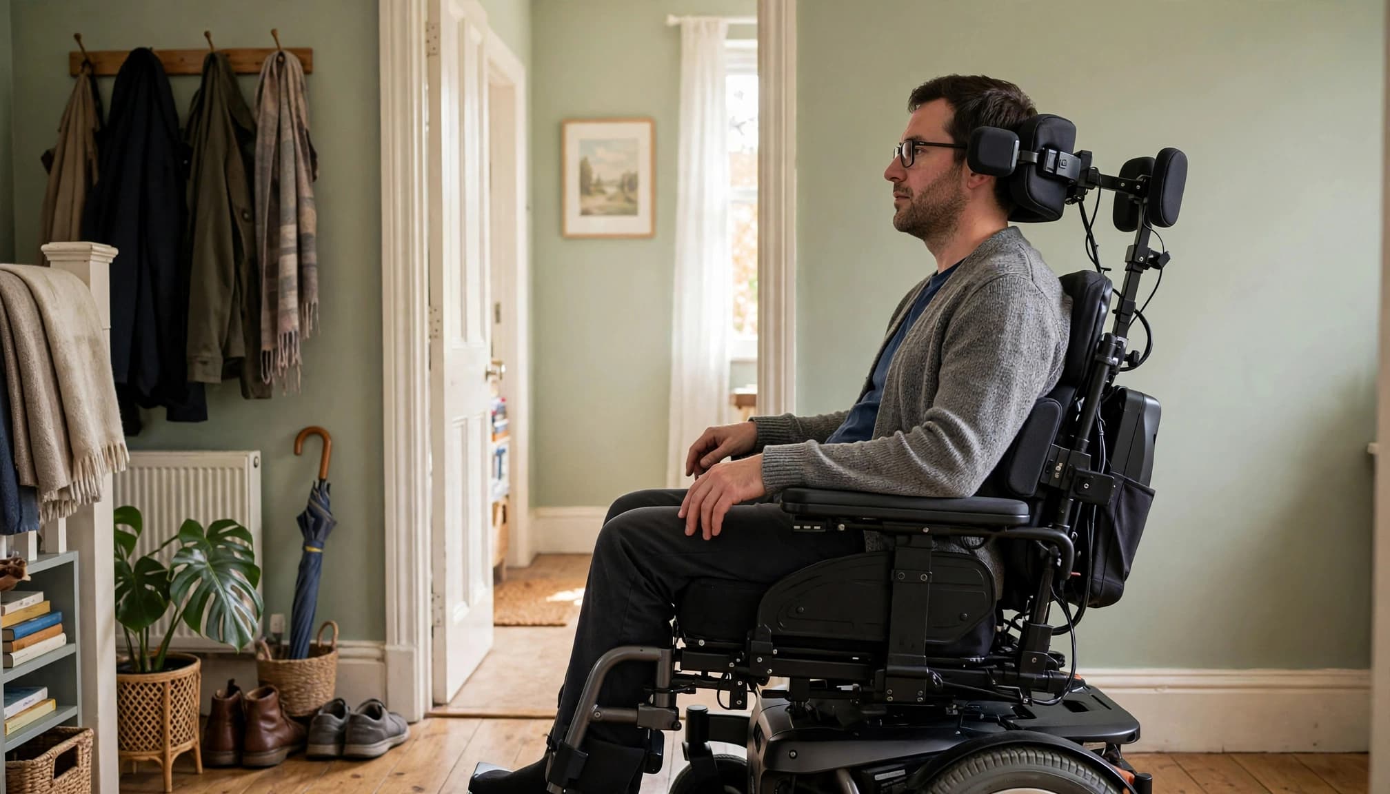 An adult drives a powered wheelchair through a bright hallway using headrest controls.