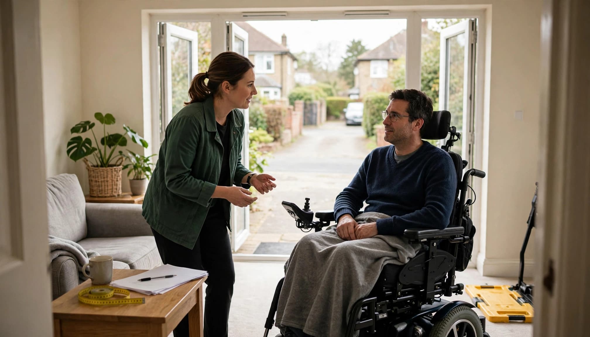 An assessor talks with a seated customer beside a wheelchair and vehicle transfer board.