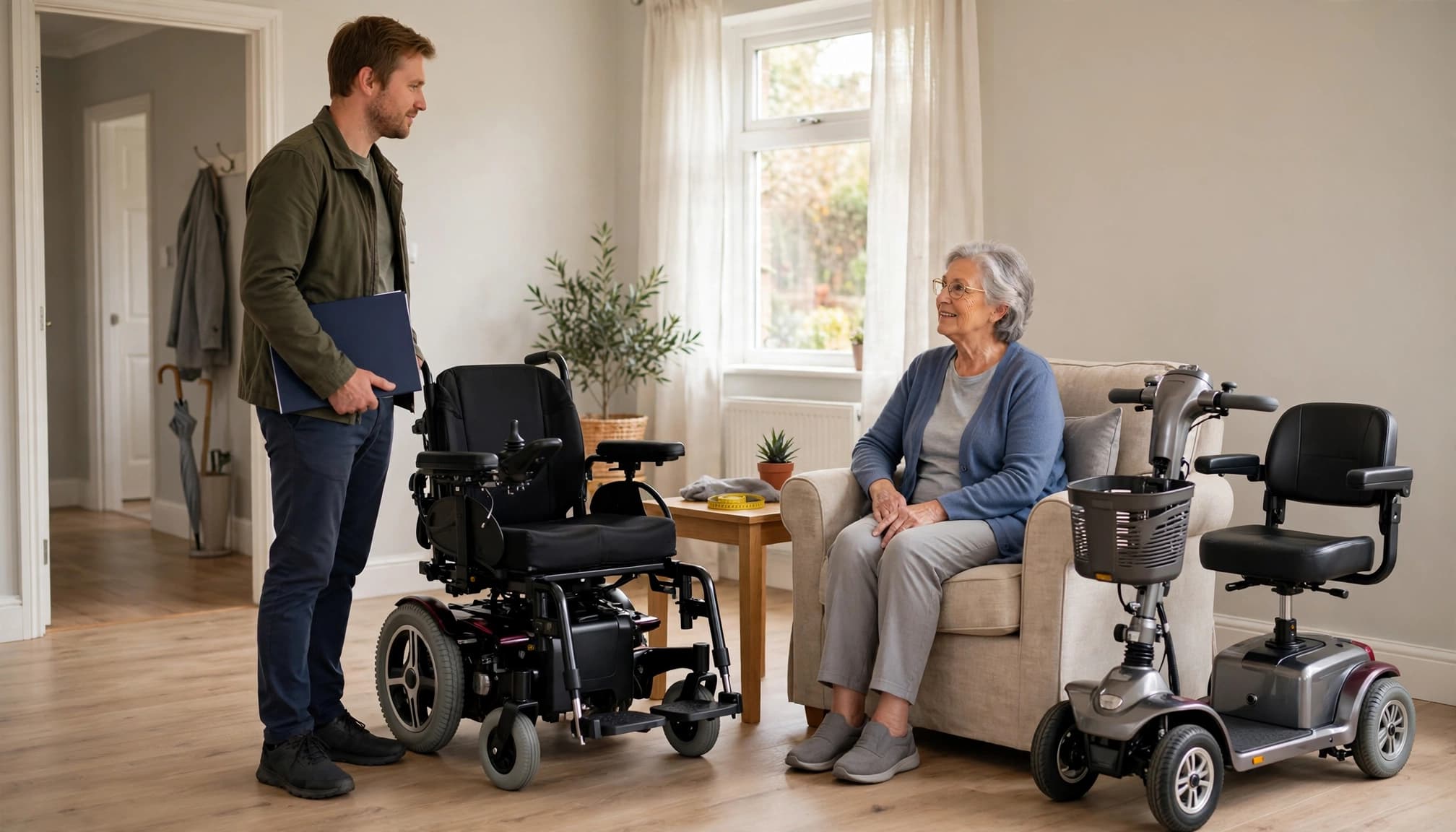 An adviser speaks with an older customer beside a wheelchair and travel scooter in a bright living room.