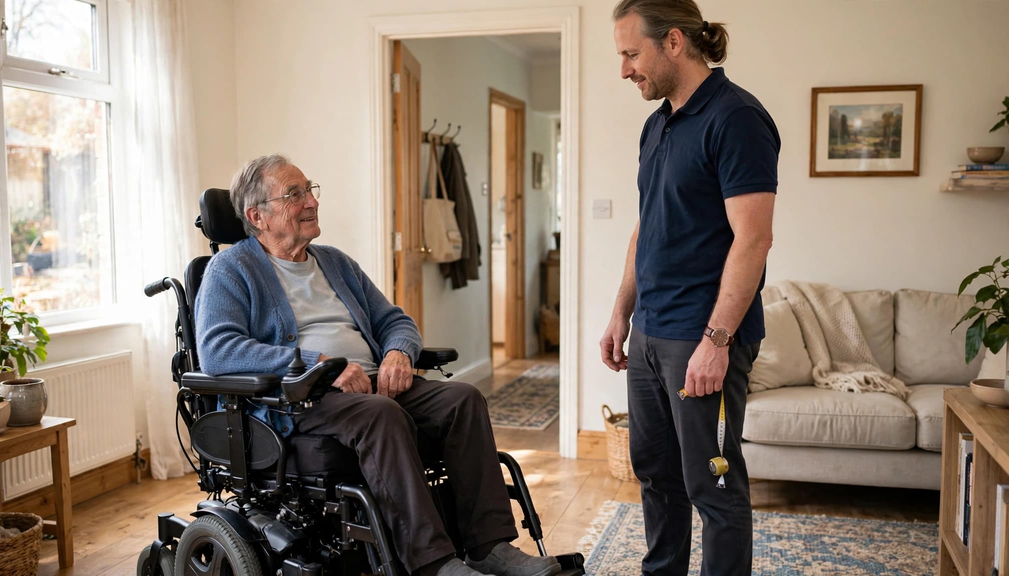 A mobility specialist talks with an older adult seated in a powerchair in a bright sitting room.