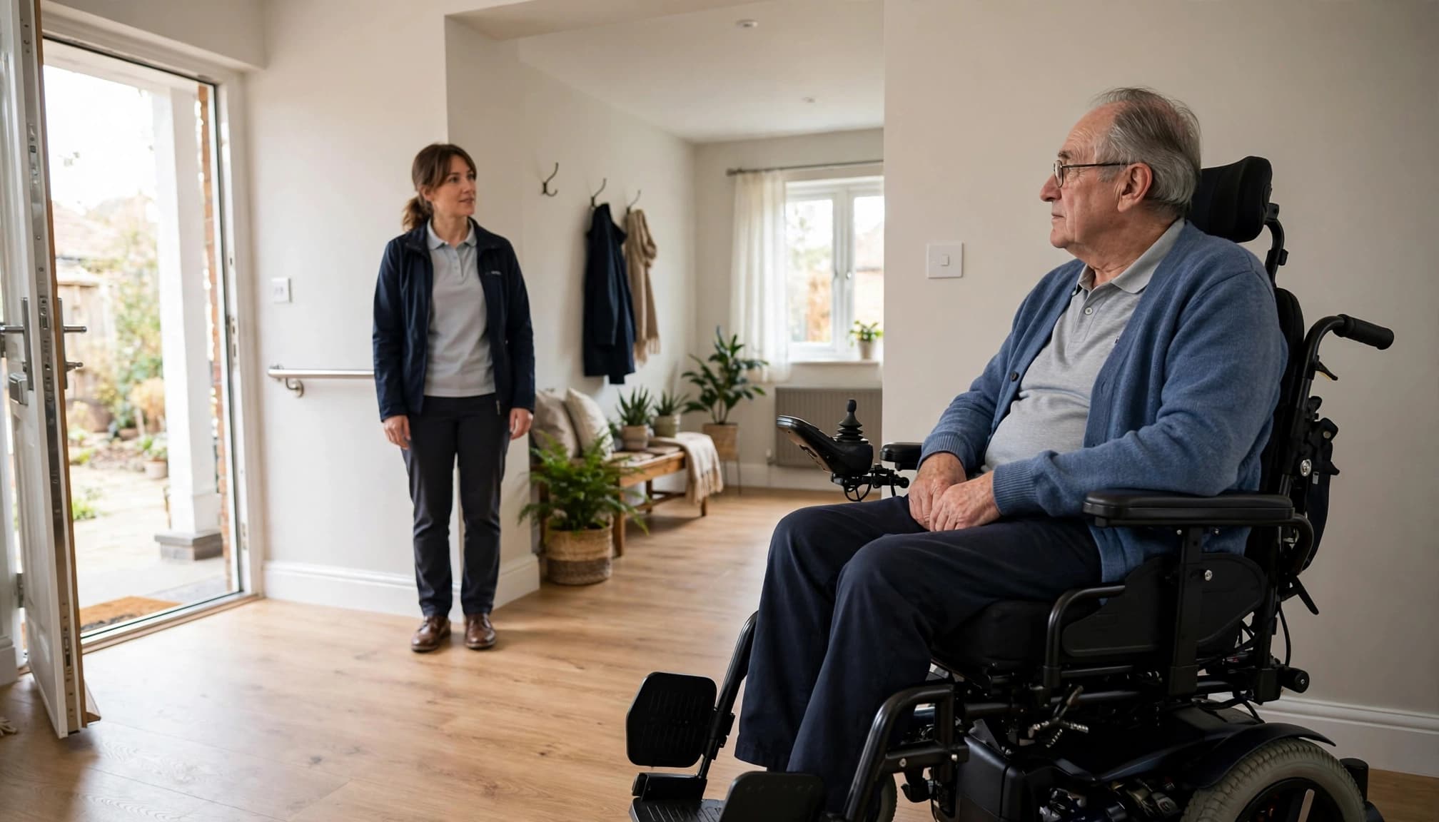 A specialist discusses a home entrance with an older person in a powered wheelchair.