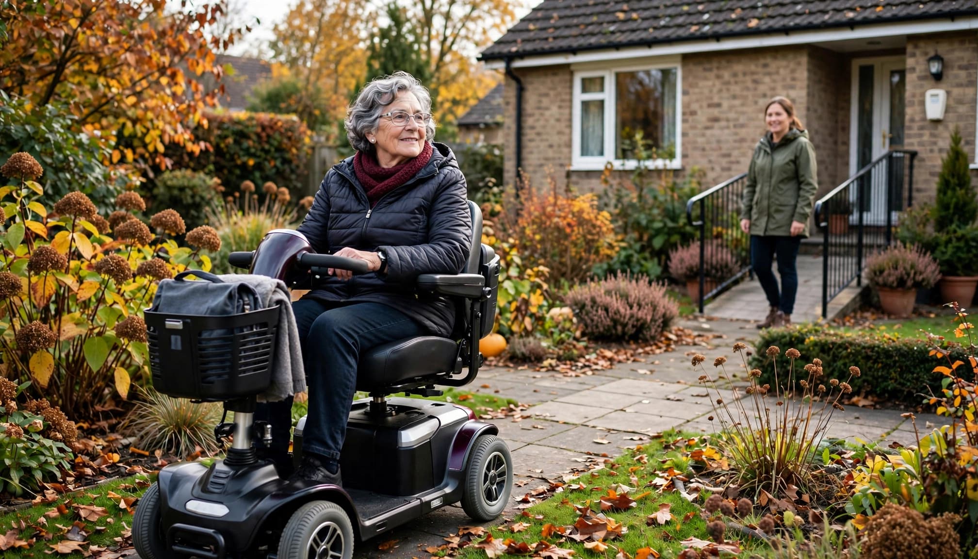 An older woman uses a mobility scooter outside a bungalow as a carer stands nearby.